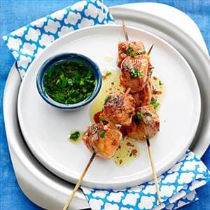 Pancetta Salmon Kebabs with Parsley Vinaigrette